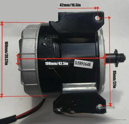 Motor mounting-bracket dimension view showing 42 mm bracket length and output sprocket side