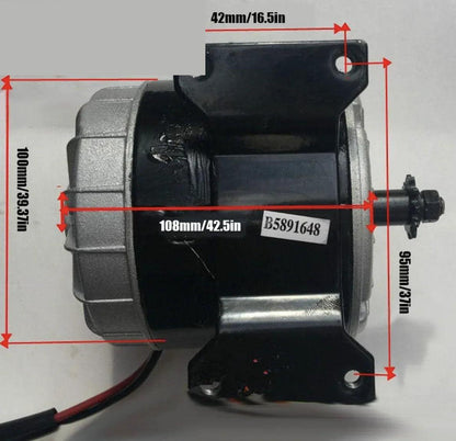 Side-view dimension diagram of the motor showing 108 mm body length and 100 mm overall height