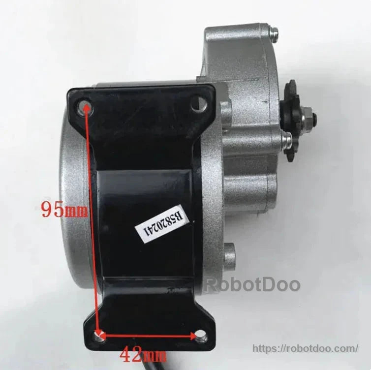 Gear motor side profile with mounting bracket dimensions marked 95 mm by 42 mm
