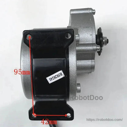 Gear motor side profile with mounting bracket dimensions marked 95 mm by 42 mm