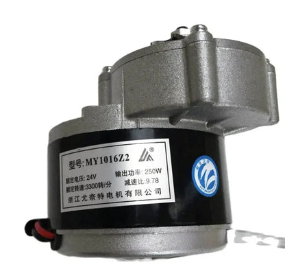 MY1016Z2 250W 24V DC brushed gear motor rear view with model specification label