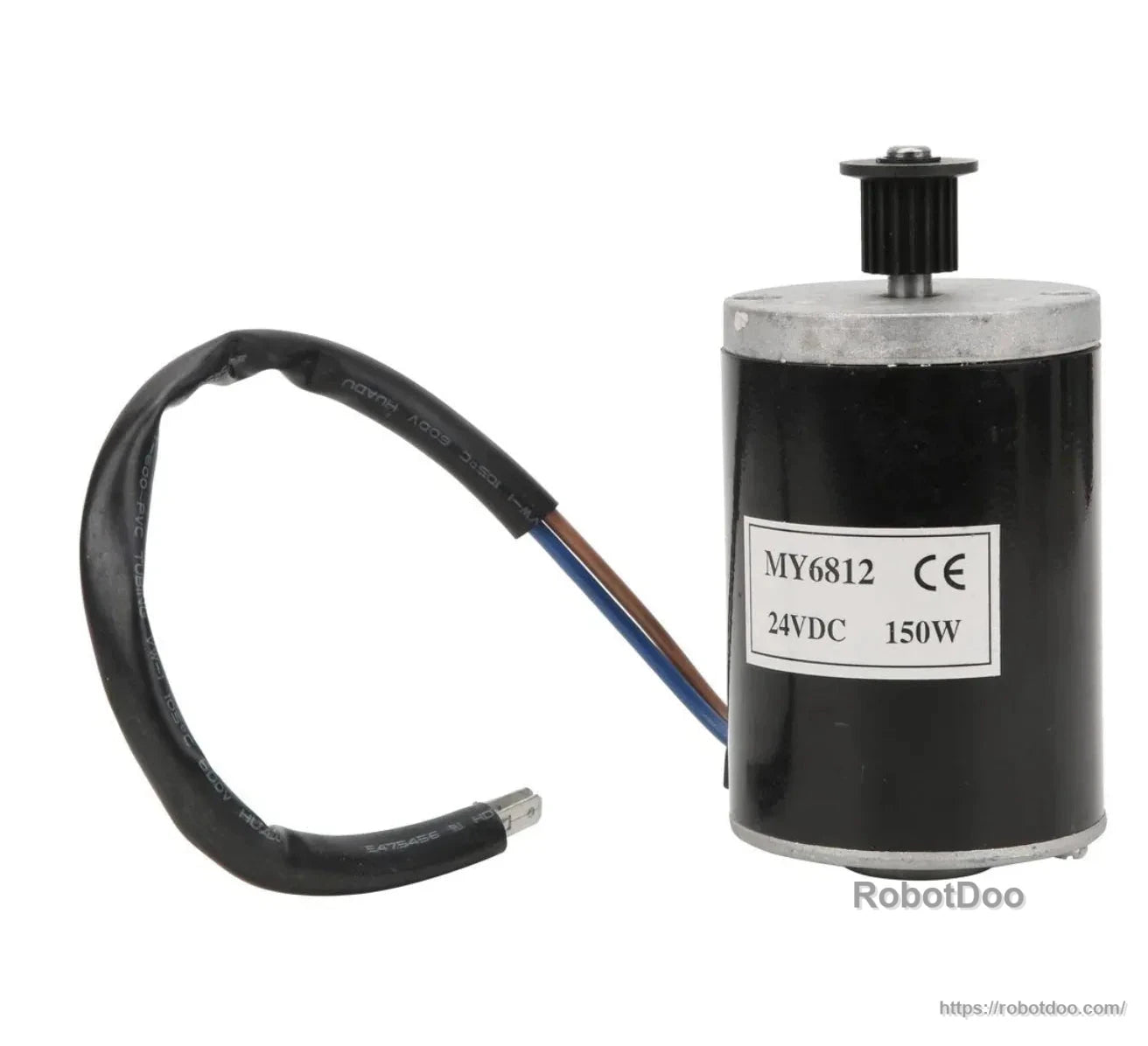 MY6812 motor front view with 24VDC 150W specification label and sprocket shaft