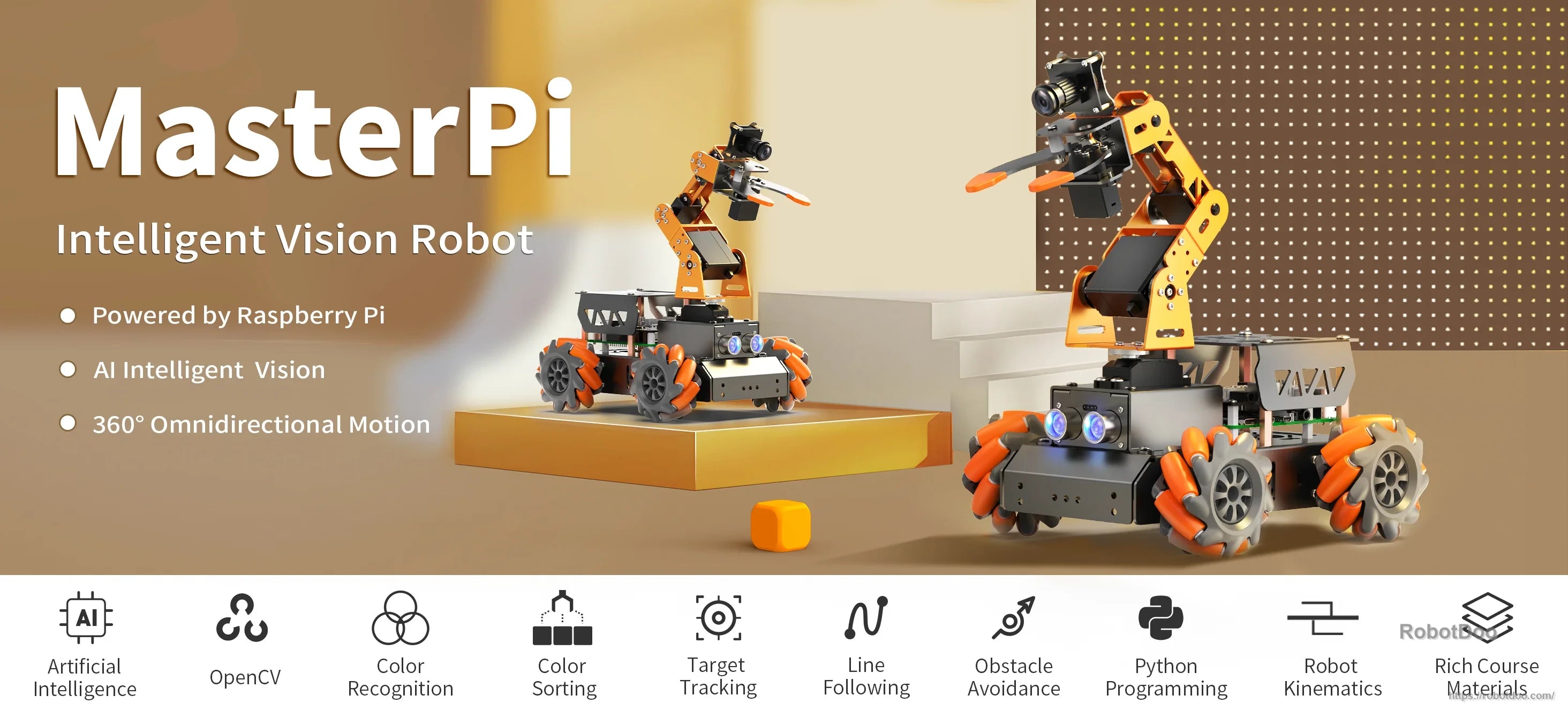 Hiwonder MasterPi AI Vision Robot with 5 DOF arm, camera, and Mecanum-wheel chassis