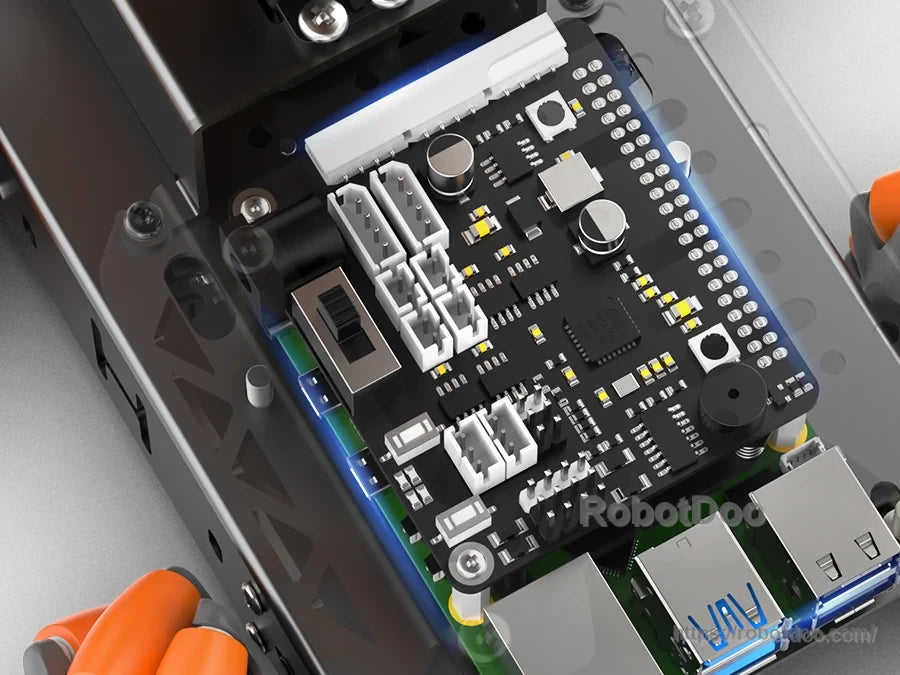 Close-up of MasterPi Raspberry Pi expansion board with ports, connectors, and controls