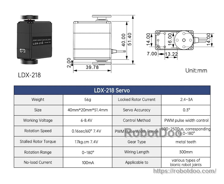 LDX-218 servo dimensions and technical specifications for MasterPi arm joints