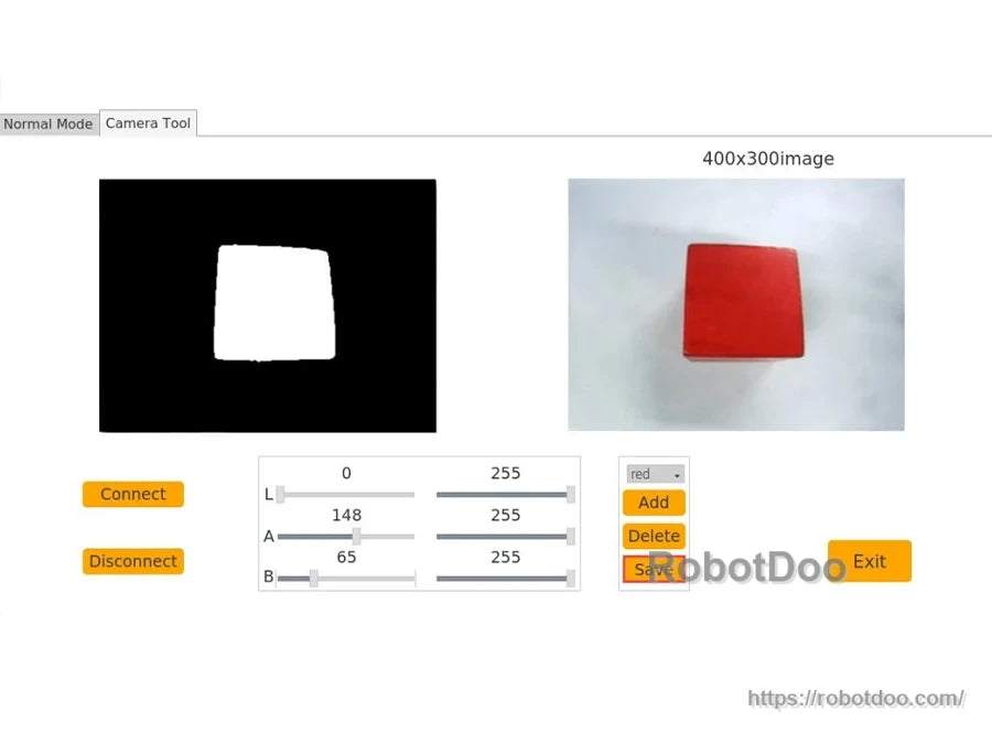 LAB color-threshold tool displaying a detected red object and image mask
