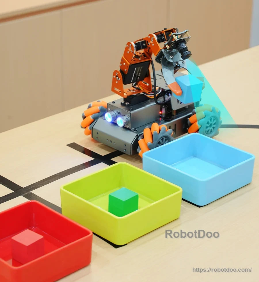 MasterPi robot beside colored bins with camera-guided blue-block detection