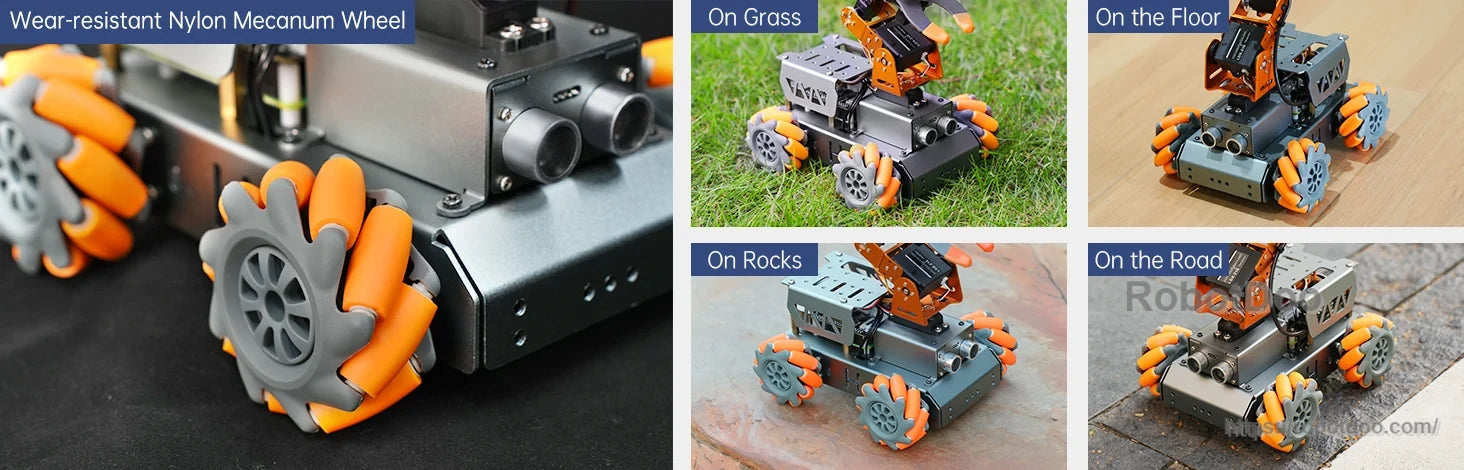 Hiwonder MasterPi AI vision robot with orange-and-gray wear-resistant nylon Mecanum wheels on multiple surfaces