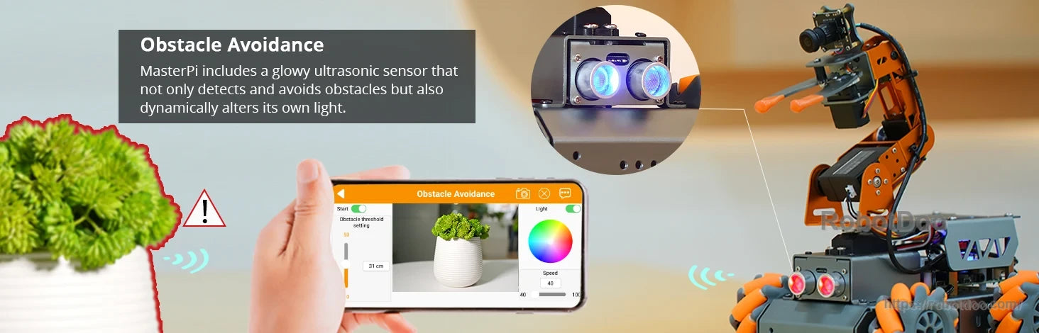 MasterPi ultrasonic obstacle-avoidance feature with mobile-app control screen