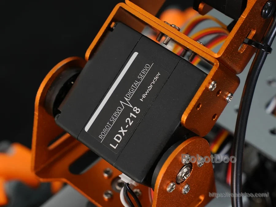 Hiwonder MasterPi AI vision robot close-up with an LDX-218 digital servo mounted in an orange metal bracket