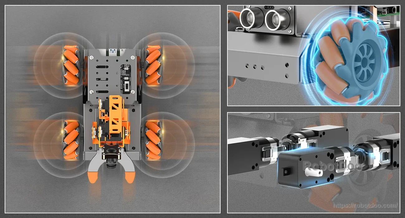 Underside view of MasterPi Mecanum wheels, ultrasonic sensor, and chassis drive components