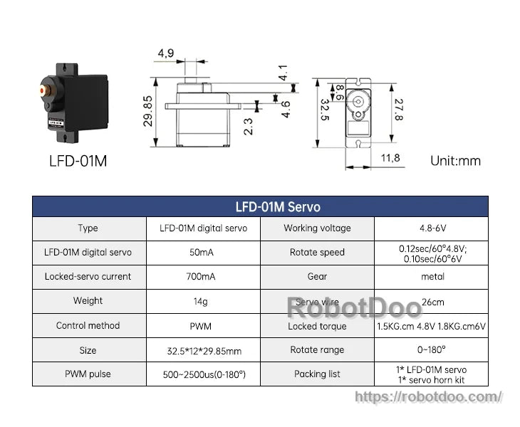 LFD-01M metal-gear servo dimensions and specifications for the MasterPi robotic arm