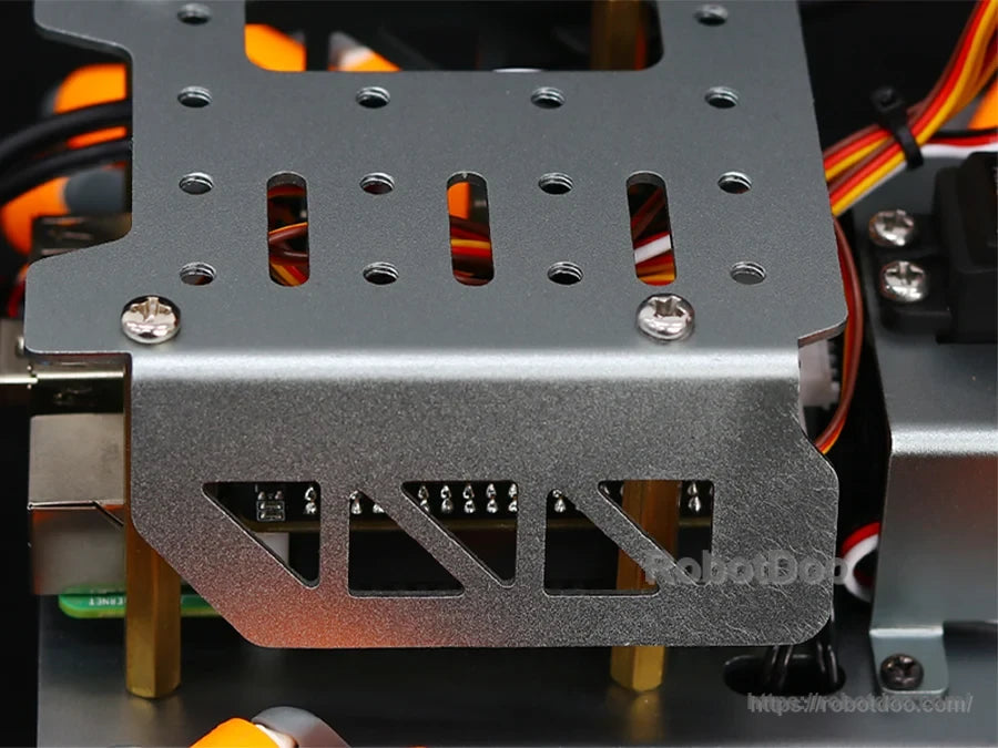 Close-up of MasterPi metal chassis plate, mounting holes, and internal servo wiring