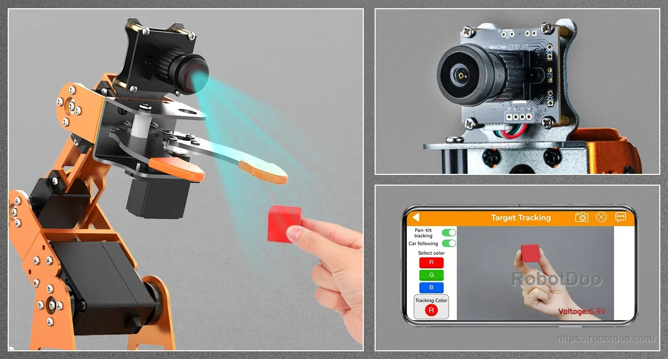 Camera-equipped MasterPi robotic arm recognizing a colored target with target-tracking controls