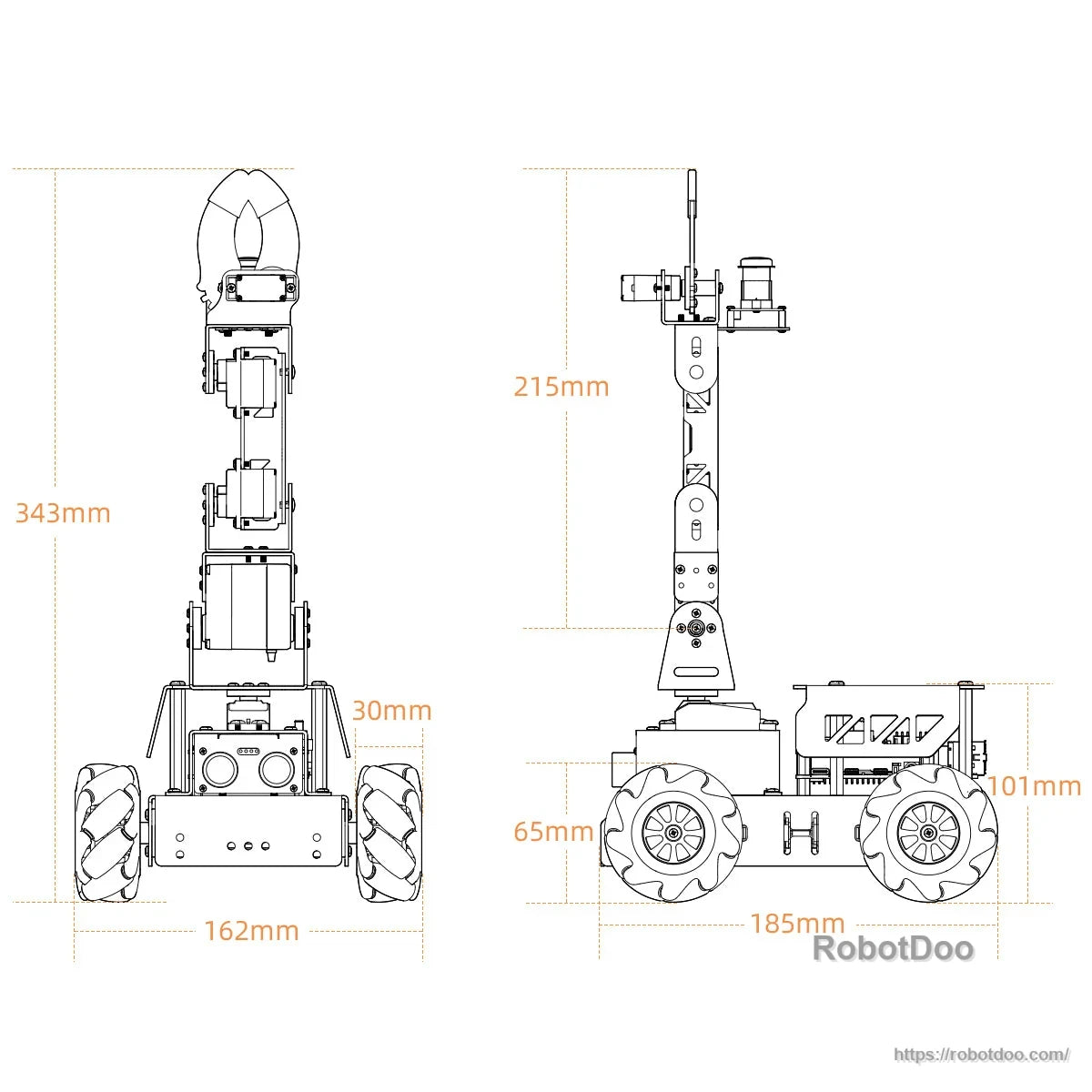 Hiwonder MasterPi AI vision robot dimension drawing with front and side views, showing 343 mm height and wheeled chassis