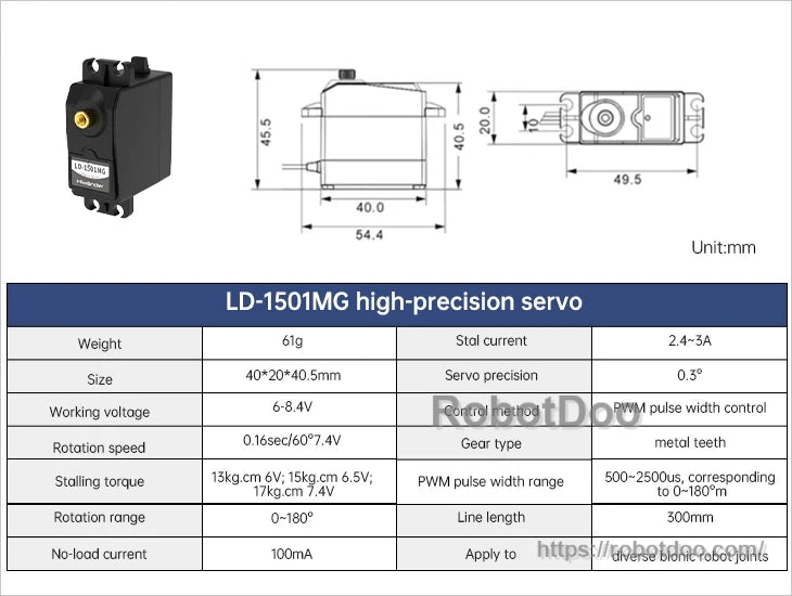LD-1501MG high-precision metal gear servo with 40 x 20 x 40.5 mm dimensions and 0–180° rotation