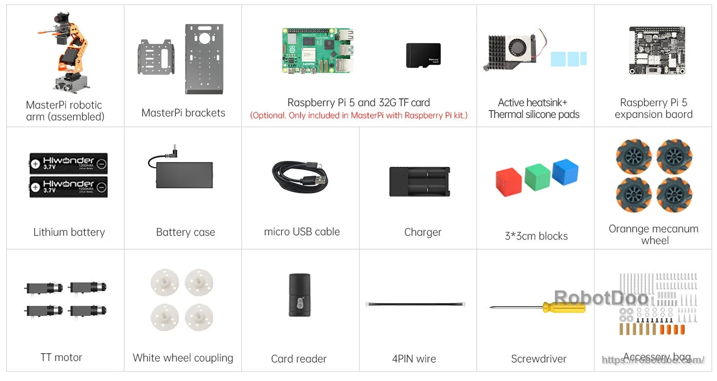 Hiwonder MasterPi AI Vision Robot kit with Raspberry Pi 5, camera, battery, wheels, tools and accessories