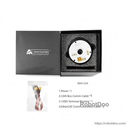 MyActuator RH-17 actuator in foam gift box with included cables and item list sheet