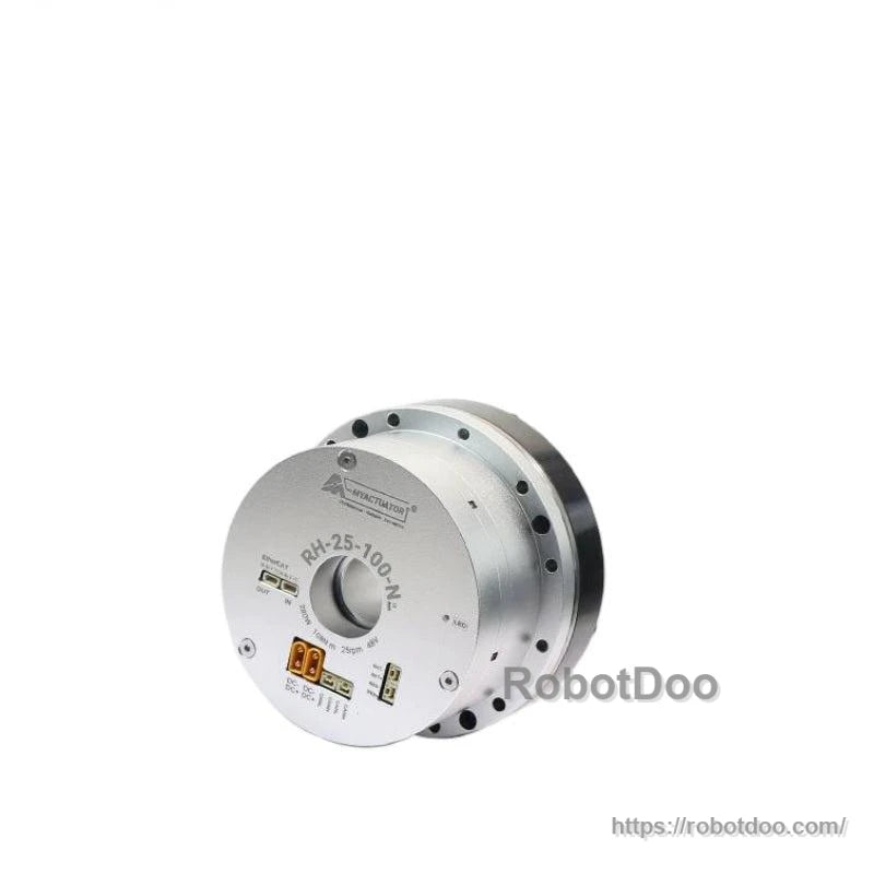 Angled view of actuator with front plate markings, connector ports, and housing profile (RobotDoo watermark)
