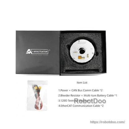 Boxed package contents: actuator in foam tray plus cable bundle and printed item list