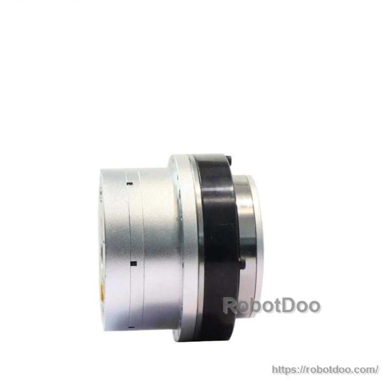 Side profile of the actuator showing cylindrical housing and rear section thickness (RobotDoo watermark)