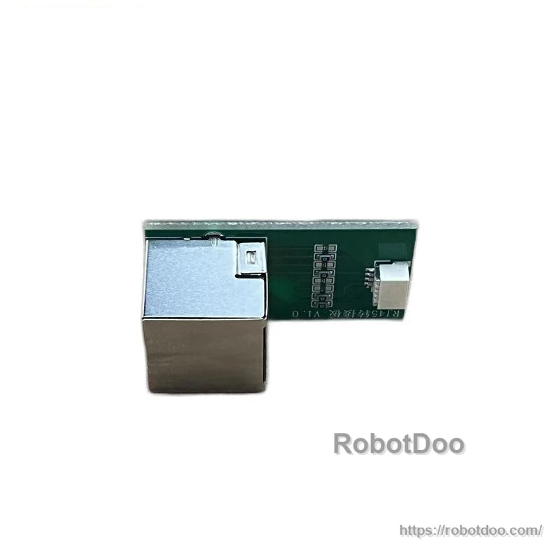 Side profile of the green PCB module with metal RJ45 jack and surface-mount components along the board