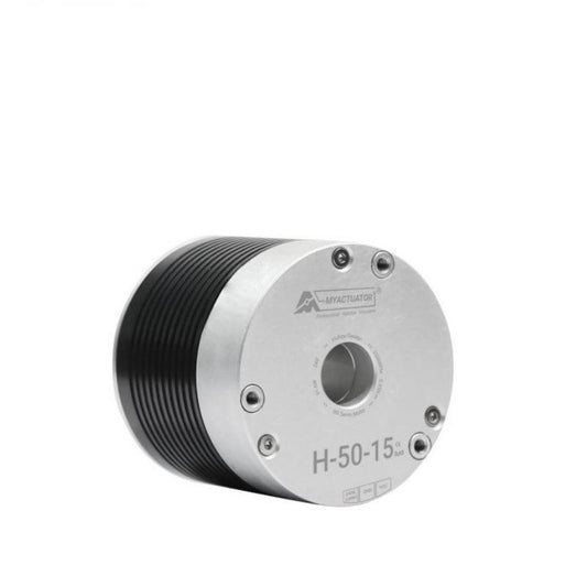 MyActuator RMD-H-50-15 motor, angled view showing H-50-15 front plate and central hollow shaft
