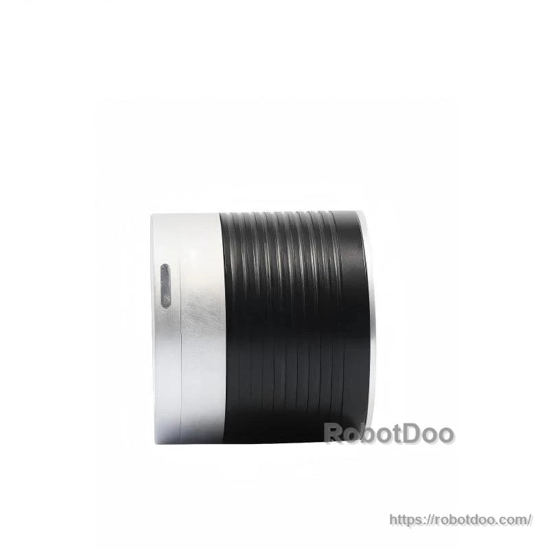 Side profile view of motor showing ribbed cylindrical body and silver end cap