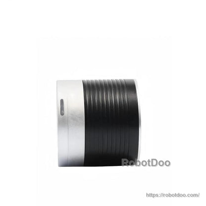 Side profile view of motor showing ribbed cylindrical body and silver end cap
