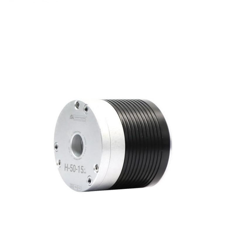 MyActuator RMD-H-50-15 motor, three-quarter view highlighting ribbed black housing and front face bolts