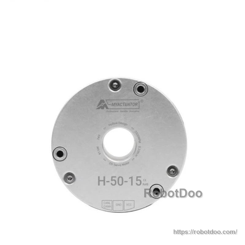 Front face close-up of MyActuator H-50-15 motor with hollow shaft opening and printed wiring terminals