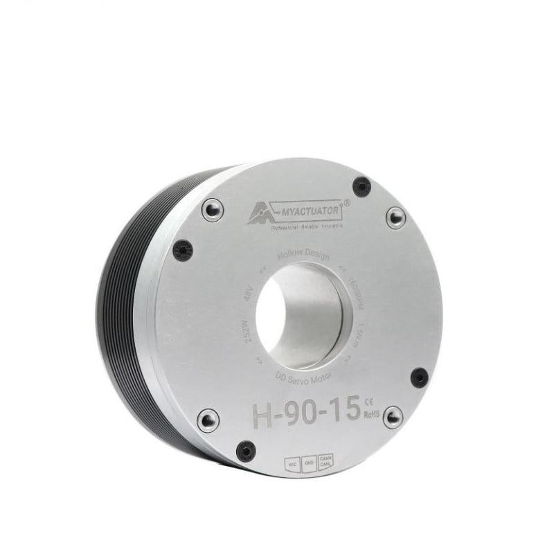 MyActuator RMD-H-90-15 48V motor, angled front view showing hollow shaft and H-90-15 faceplate