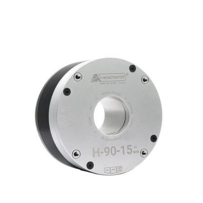 MyActuator RMD-H-90-15 48V motor, angled front view showing hollow shaft and H-90-15 faceplate