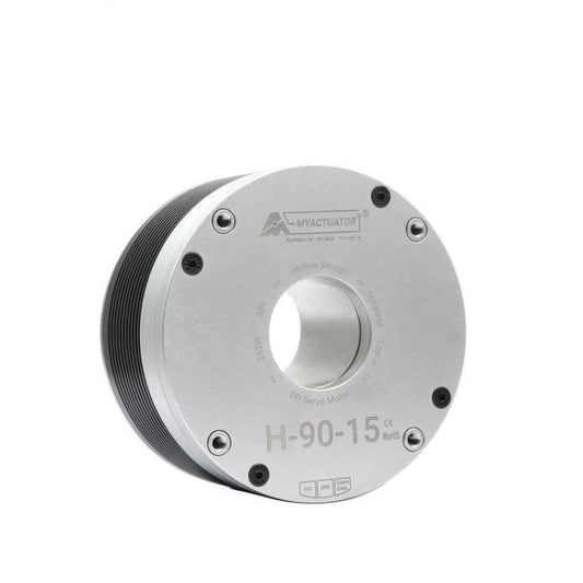 MyActuator RMD-H-90-15 48V motor, angled front view showing hollow shaft and H-90-15 faceplate