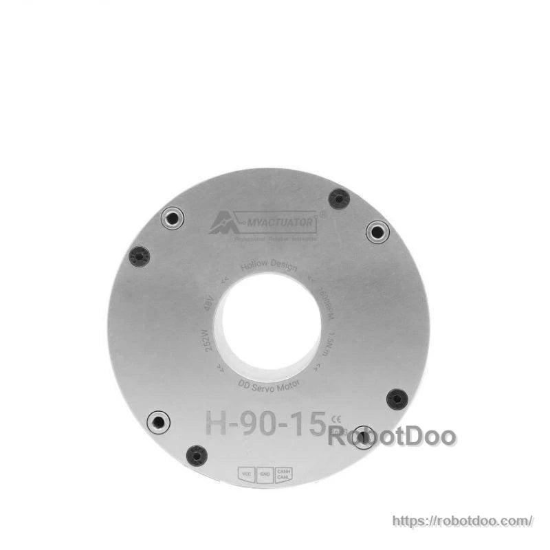 MyActuator RMD-H-90-15 front face close-up with hollow center bore and engraved markings