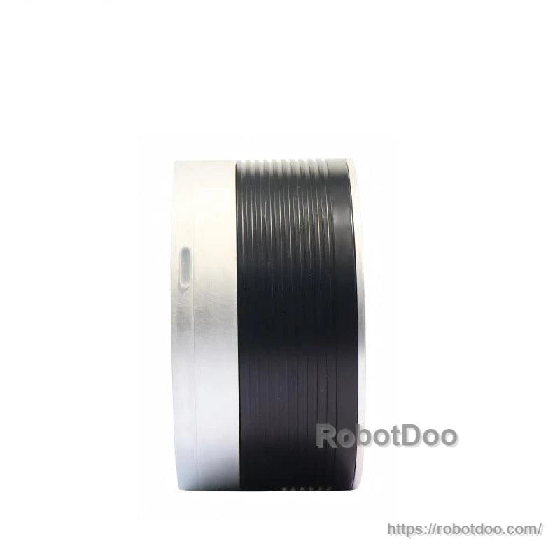 Side profile of servo motor showing ribbed black housing and silver end caps