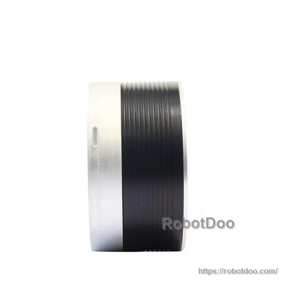Side profile of servo motor showing ribbed black housing and silver end caps
