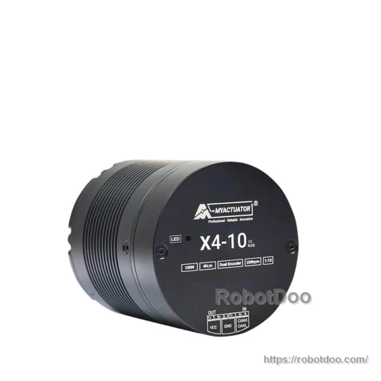 Three-quarter view of X4-10 actuator motor showing end cap markings and side cooling ribs