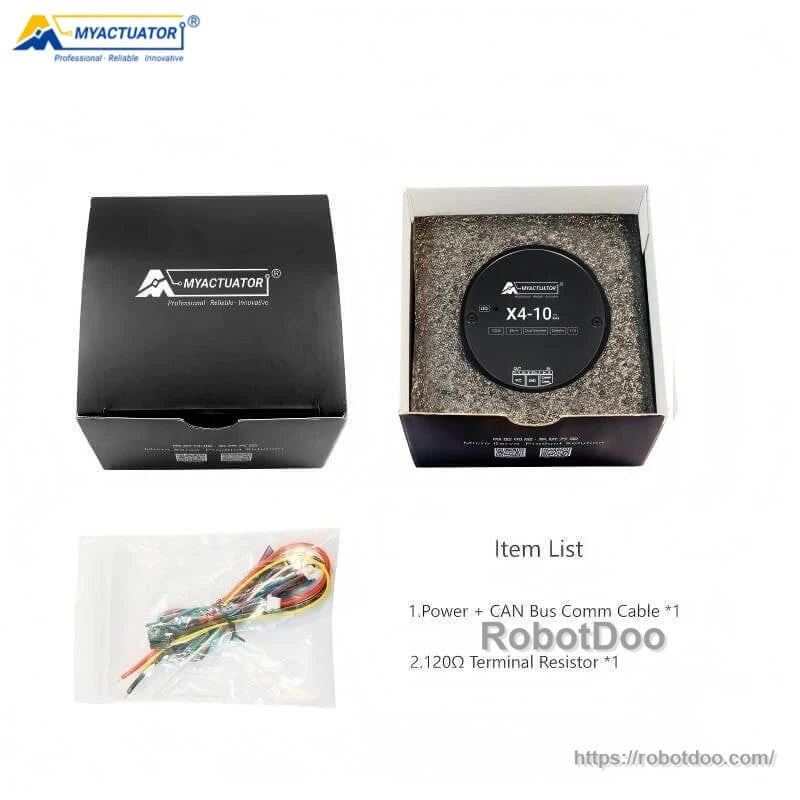Packaging and contents: MyActuator box, foam insert with X4-10 unit, cable bundle, 120Ω resistor