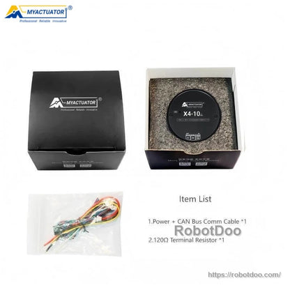 Packaging and contents: MyActuator box, foam insert with X4-10 unit, cable bundle, 120Ω resistor