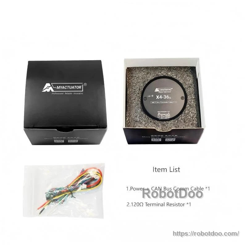 Packaging contents: MyActuator box with foam insert, actuator, CAN bus cable and terminal resistor