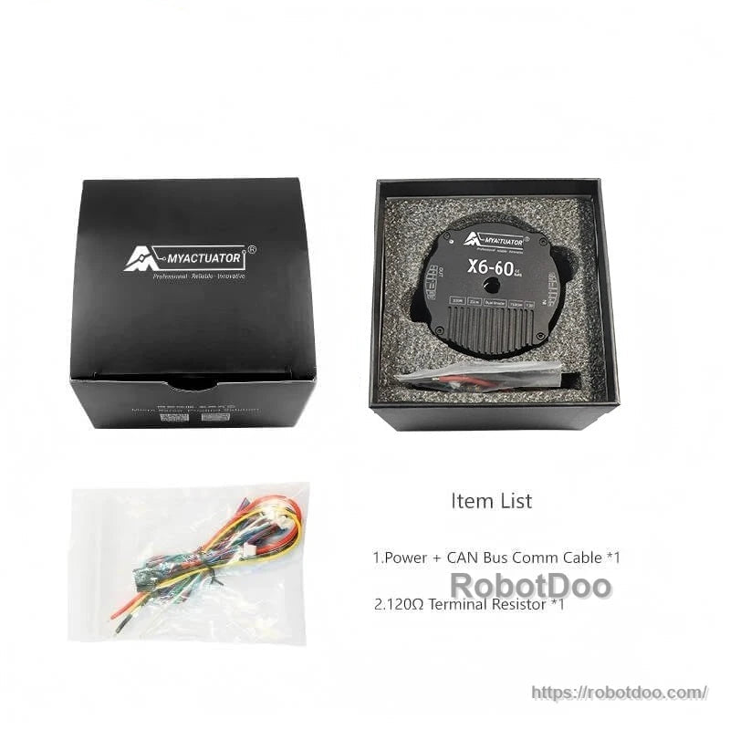 Package contents: MyActuator X6-60 unit in foam box with wiring harness and CAN resistor
