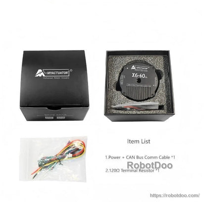 Package contents: MyActuator X6-60 unit in foam box with wiring harness and CAN resistor