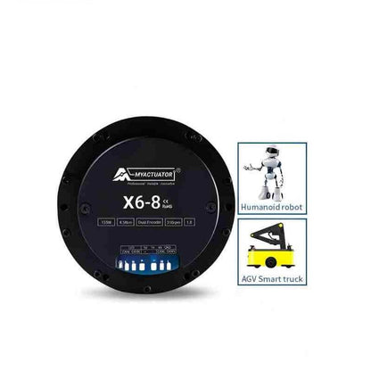 MyActuator RMD-X6-8 Motor front face view with application icons for humanoid robot and AGV