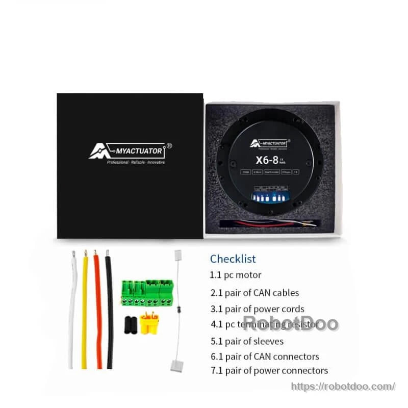 Boxed package contents: motor in foam insert with CAN cables, power leads, connectors, and checklist
