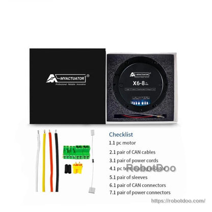 Boxed package contents: motor in foam insert with CAN cables, power leads, connectors, and checklist