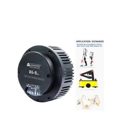 MyActuator RMD-X6-8 Motor angled side view showing finned housing and application scenarios graphic