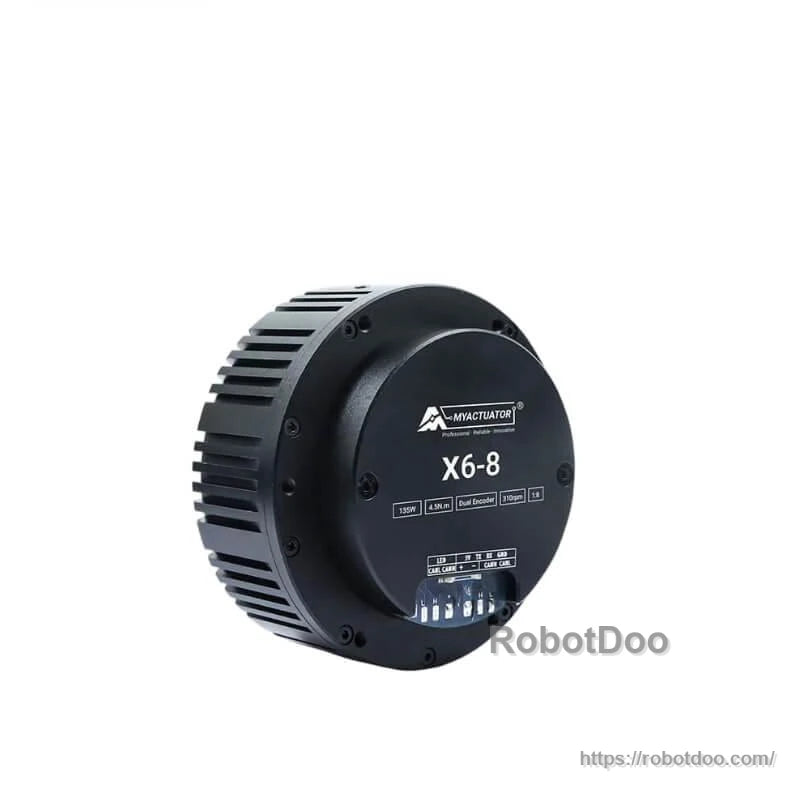 MyActuator X6-8 actuator close-up, three-quarter view highlighting front label and wiring terminal block