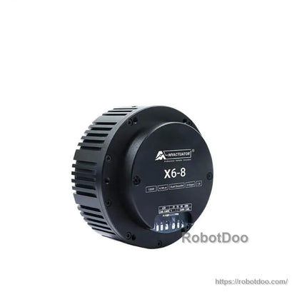 MyActuator X6-8 actuator close-up, three-quarter view highlighting front label and wiring terminal block