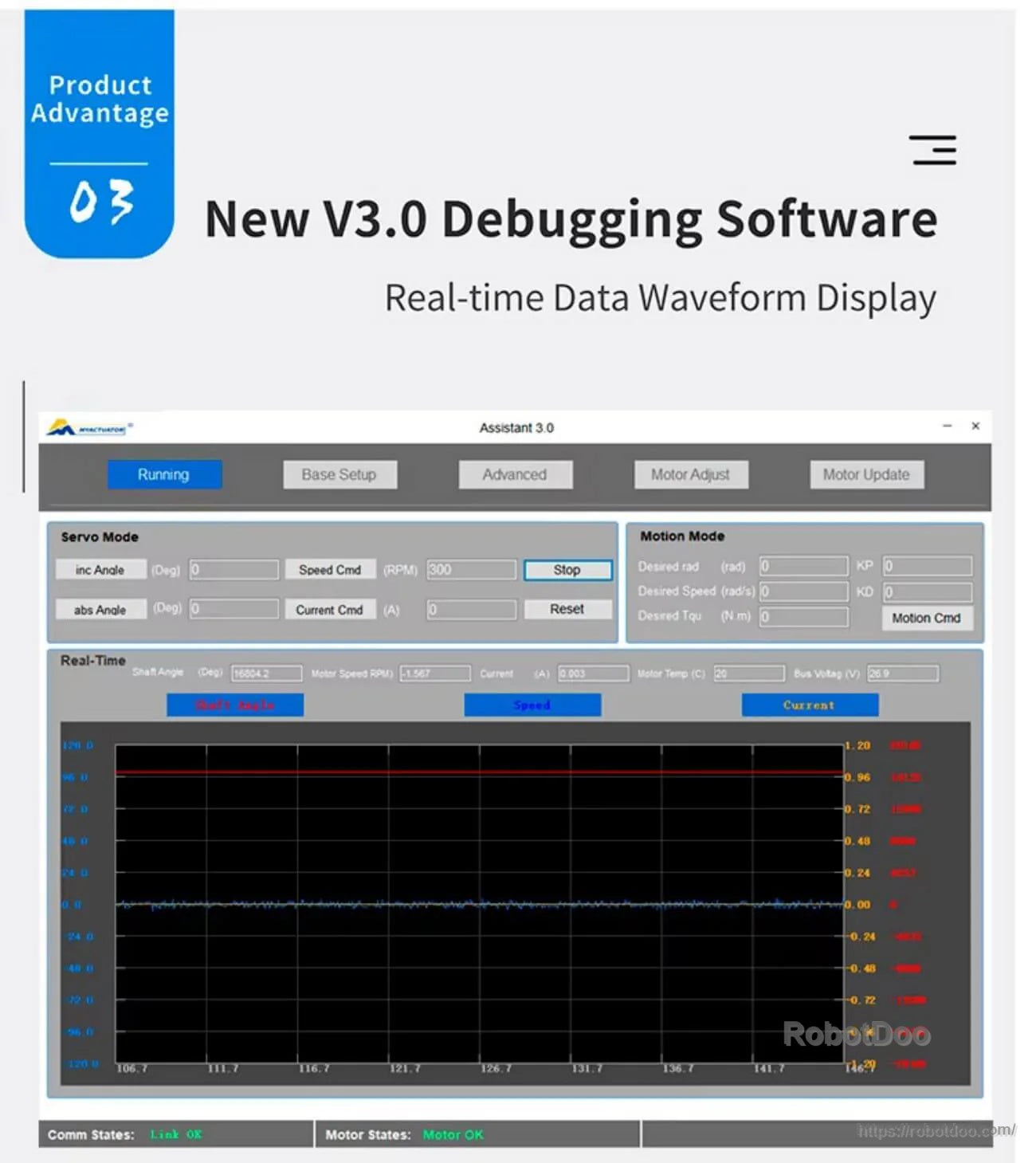 V3.0 motor debugging software interface with real-time data waveform display and tuning controls